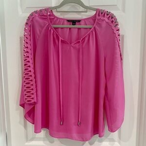 Zac & Rachel Women Pink Blouse Sz S Bell Lattice Trim Cutout 3/4 Sleeves